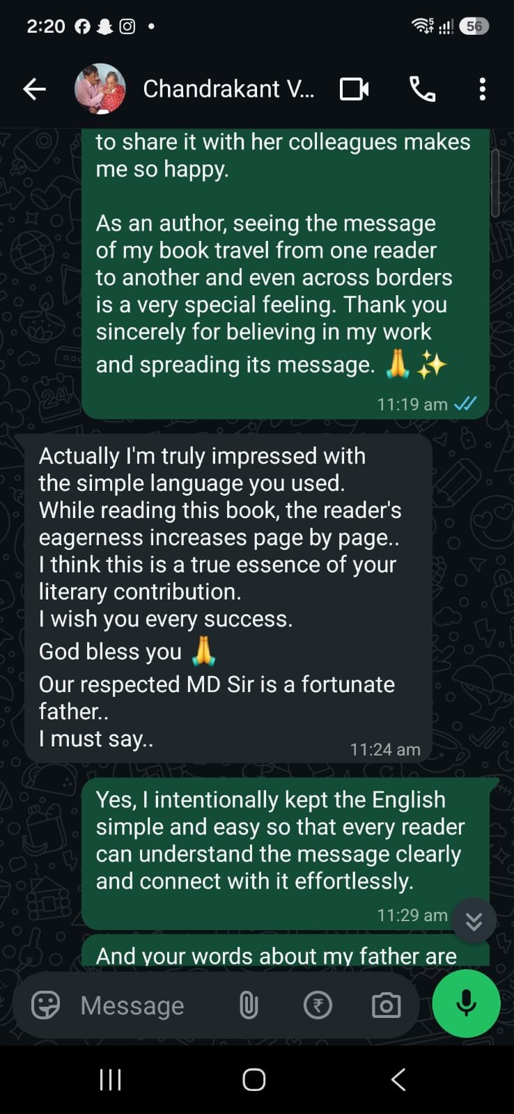 Second WhatsApp message from a client reviewing Avni's work